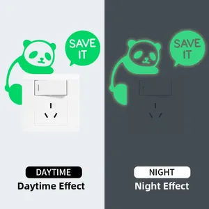 Luminous panda light switch sticker showing day and night glowing effect comparison
