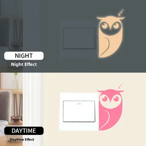 Luminous owl wall sticker for light switches showing day and night glowing effects