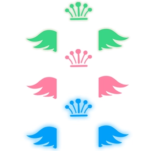 Luminous crown and wings wall stickers in green, pink and blue colors for home decor