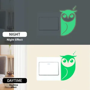 Glow-in-the-dark owl light switch wall sticker showing night and daytime comparison