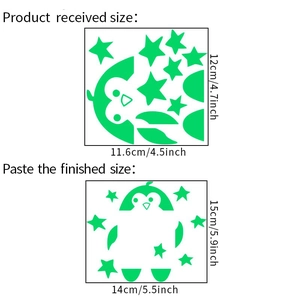 Detailed size chart for luminous penguin and star wall stickers showing sheet dimensions