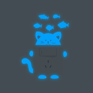 Glow-in-the-dark cat and fish luminous wall stickers for home light switch decoration