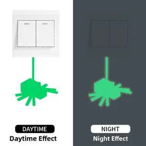 Luminous spider wall sticker for light switch showing day and night glowing effects