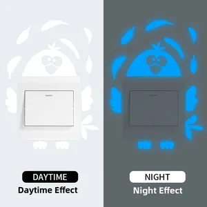Luminous penguin chick switch sticker showing daytime white and nighttime blue glow effect