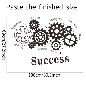 Detailed view of Success and Teamwork gear wall stickers with product dimensions for home office