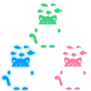Luminous cat and fish wall stickers in green, blue, and pink for home decoration