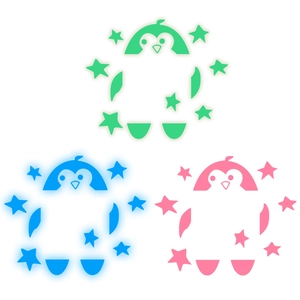 Luminous penguin and stars wall stickers in neon green, ice blue, and bright pink colors