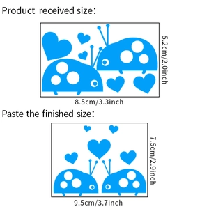 Detailed size chart for blue ladybug glow stickers showing layout and finished dimensions