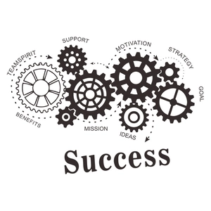 Inspirational SUCCESS wall decal with interlocking gears and motivational keywords for home office