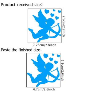 Size guide for luminous Cupid wall sticker showing dimensions in centimeters and inches