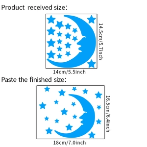 Detailed view of luminous blue moon and stars wall stickers with dimensions