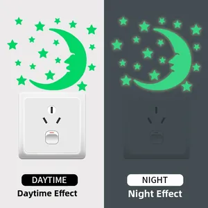 Luminous moon and stars wall stickers showing daytime look and night glow effect contrast