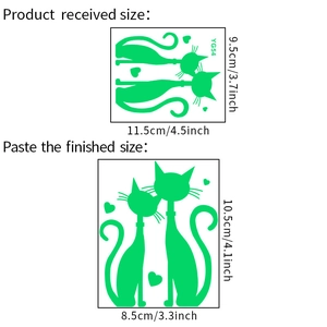 Luminous cat wall sticker product size guide with layout and installation dimensions