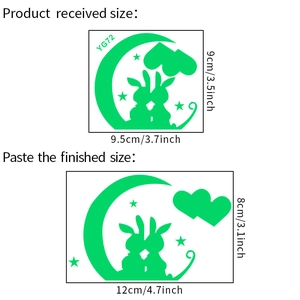 Detailed size chart for luminous bunny and moon wall stickers showing application dimensions