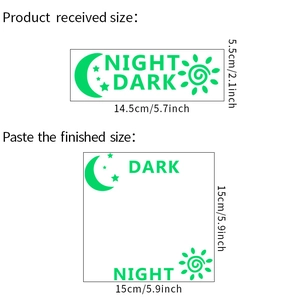 Detailed size chart for luminous Moon and Stars wall stickers with night dark text