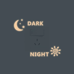 Luminous wall switch stickers with moon, stars, and night text for home wall decor