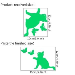 Size details for luminous cat and butterfly wall stickers showing 10x12cm layout