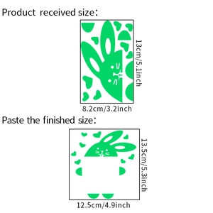 Detailed view of luminous green rabbit wall sticker with metric and imperial size measurements