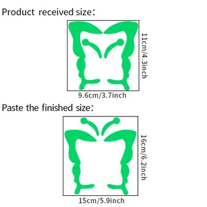 Size chart for luminous butterfly wall stickers showing compact and finished dimensions