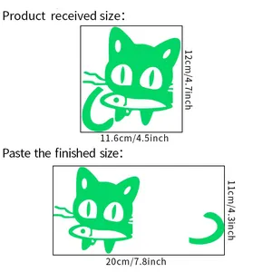 Size chart showing glow in the dark cat wall decal dimensions before and after application