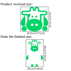 Detailed size guide for green cartoon cow wall sticker showing received and finished dimensions