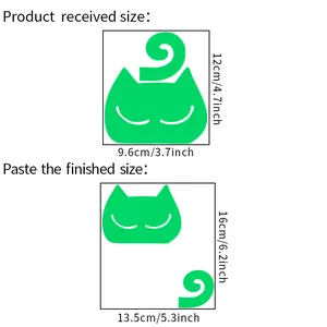 Size chart showing dimensions for glow-in-the-dark cat wall stickers in cm and inches