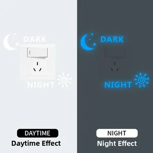 Glow-in-the-dark wall switch sticker with moon design shown in day and night view