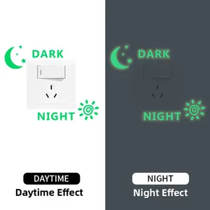 Luminous wall switch sticker showing glowing moon and stars in day and night effects