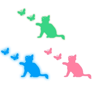 Luminous cat and butterfly wall stickers in green, blue, and pink glow in dark set