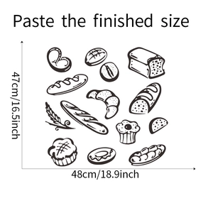 Black and white bread bakery wall stickers showing dimensions 47cm x 48cm for kitchen decor