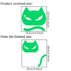 Size chart showing glow-in-the-dark cat wall sticker dimensions for home decor