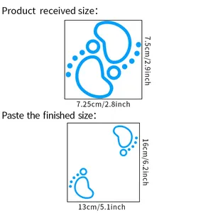 Size chart showing blue footprint wall sticker dimensions for received and finished layout