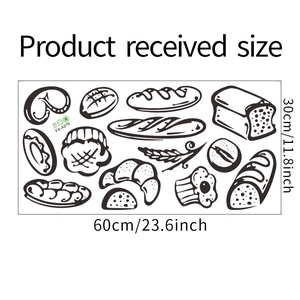 Detailed size specifications for kitchen wall stickers with black and white bread illustrations