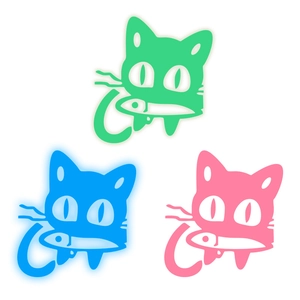 Luminous cartoon cat eating fish wall stickers in green blue and pink colors
