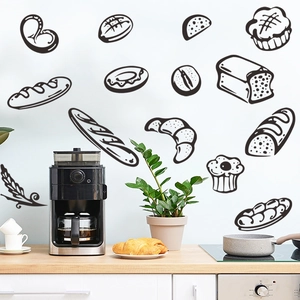 Minimalist black hand-drawn bakery wall decals featuring croissant and baguette for kitchen