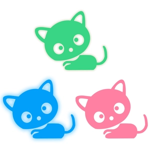 Glow-in-the-dark cartoon cat wall stickers in pink, blue, and green for home decor