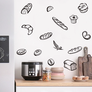 Minimalist black pastry wall stickers featuring croissant and muffin for kitchen decor
