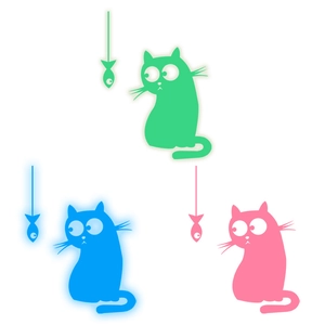 Adesivi murali gatto e pesce luminosi in verde blu e rosa per decorazioni casa