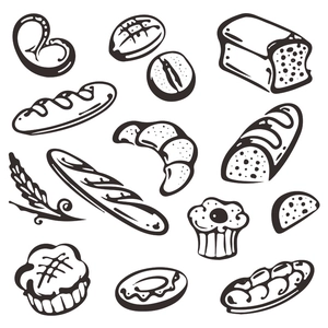 Artistic black and white hand-drawn bakery wall decals with bread and pastry illustrations
