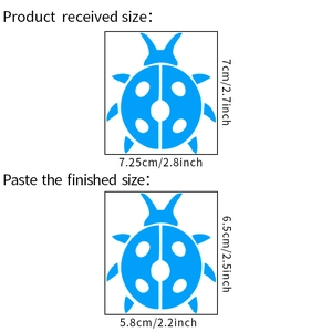 Adesivo coccinella blu che mostra dimensioni ricevute 7,25x7cm e finali 5,8x6,5cm