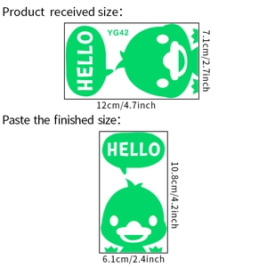 Detailed size specifications for the YG42 luminous green chick wall sticker with HELLO bubble