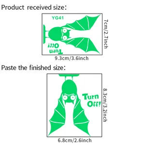 Detailed size chart for YG41 glowing bat light switch sticker with 9.3x7cm dimensions