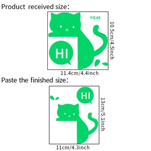 Detailed size chart for luminous cartoon cat wall sticker measuring 11.4cm by 10.5cm