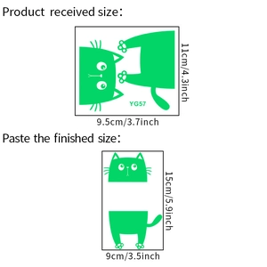 Luminous cat wall sticker layout showing receive size and suggested display dimensions
