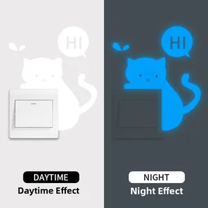 Glow in the dark cat light switch sticker showing daytime and blue nighttime effects