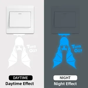 Glow-in-the-dark bat light switch sticker with Turn Off text in day and night views