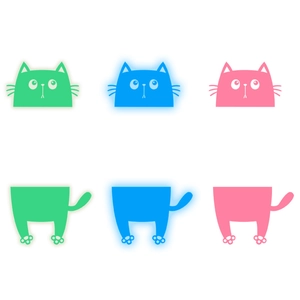 Glow-in-the-dark cat wall stickers for home decor in green, blue, and pink colors