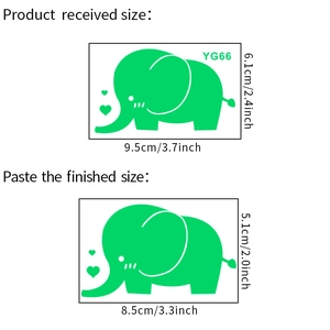 Detailed dimensions of green luminous elephant wall sticker with heart accents