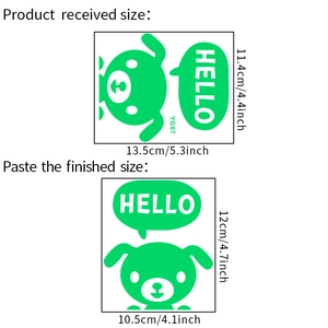 Sticker mural chien HELLO phosphorescent montrant les dimensions 13,5x11,4cm et 10,5x12cm