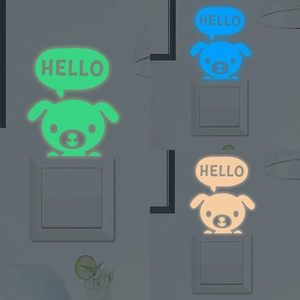 Autocollants Muraux Lumineux Chiot HELLO Chien Dessin Animé Stickers pour Interrupteur Décalcomanies en PET pour Décoration Maison